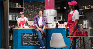 Julia Atwood, Louis Reyes McWilliams, and Al Piper in Cafe Utopia (Photo credit John Keon)